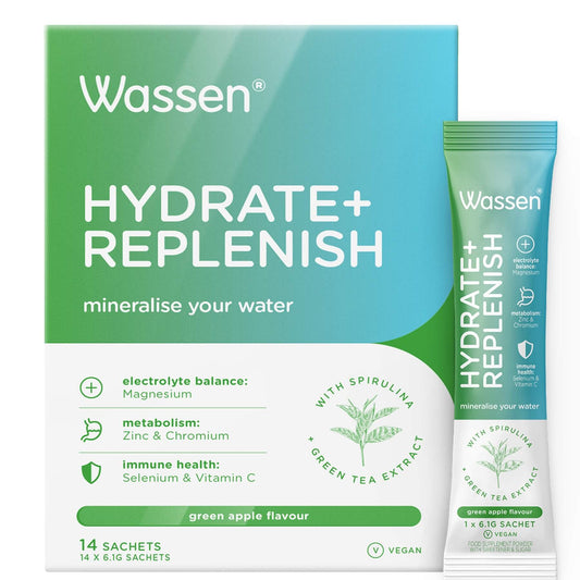 Wassen Hydrate + Replenish electrolyte hydration supplement, white background