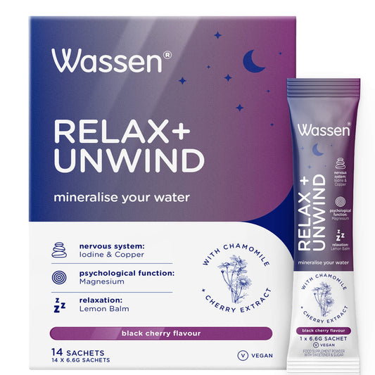 Wassen Relax + Unwind drinkable electrolyte supplement for bedtime, on white background