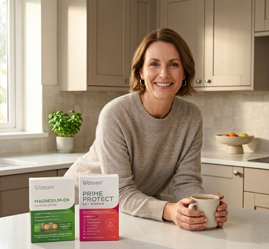 Everyday wellness image showing Wassen Magnesium-OK and Prime Protect 50+ Women as part of the Menopause Energy and Balance Bundle


