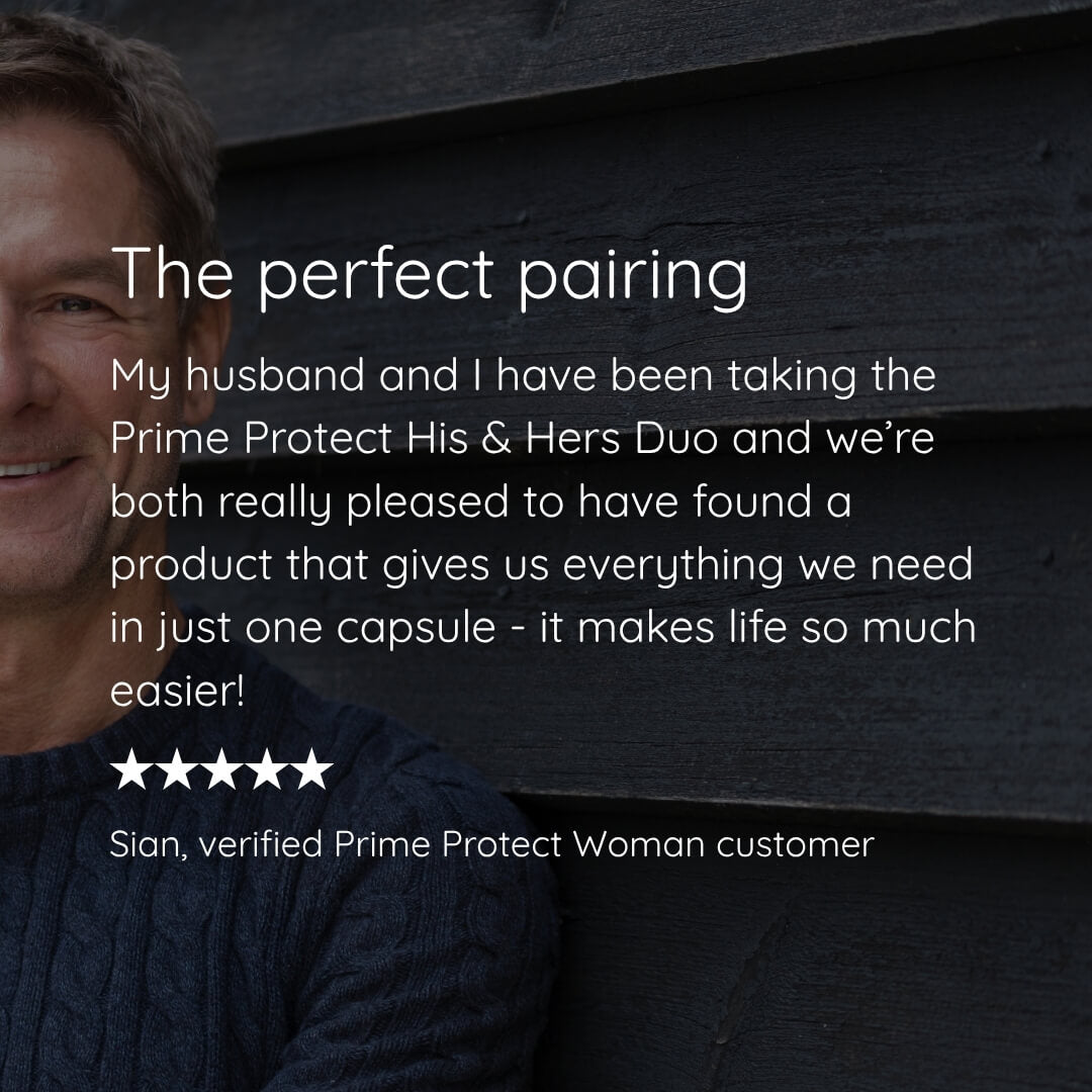 A customer review graphic featuring a smiling man on the left against a dark wood background, with white text reading 'The perfect pairing' and a testimonial about Prime Protect His & Hers Duo capsules. A five-star rating and the name 'Sian, verified Prime Protect Wornan customer' appear at the bottom.