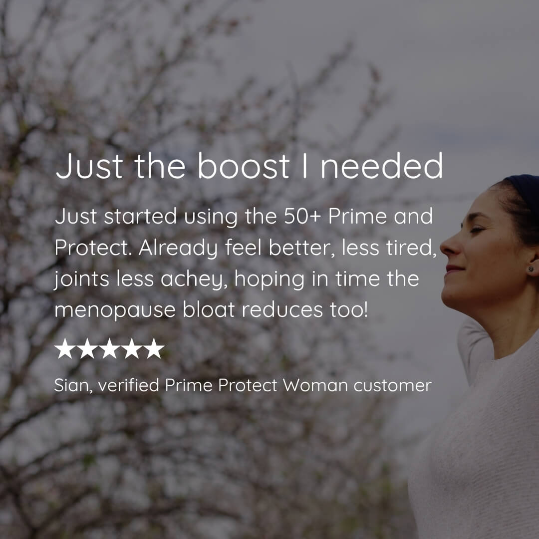 A promotional testimonial graphic with a woman in profile against blurred tree branches. White text reads, 'Just the boost I needed' followed by a customer review about using 50+ Prime and Protect, with a five-star rating and the name Sian, verified Prime Protect Woman customer.
