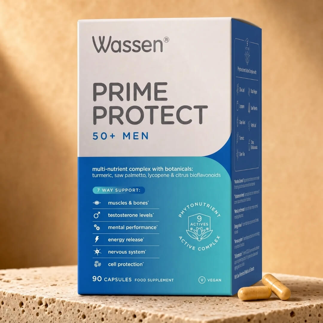 Wassen Prime Protect 50+ Men supplement box in blue and white packaging, shown standing on a textured beige surface with two capsules in front.