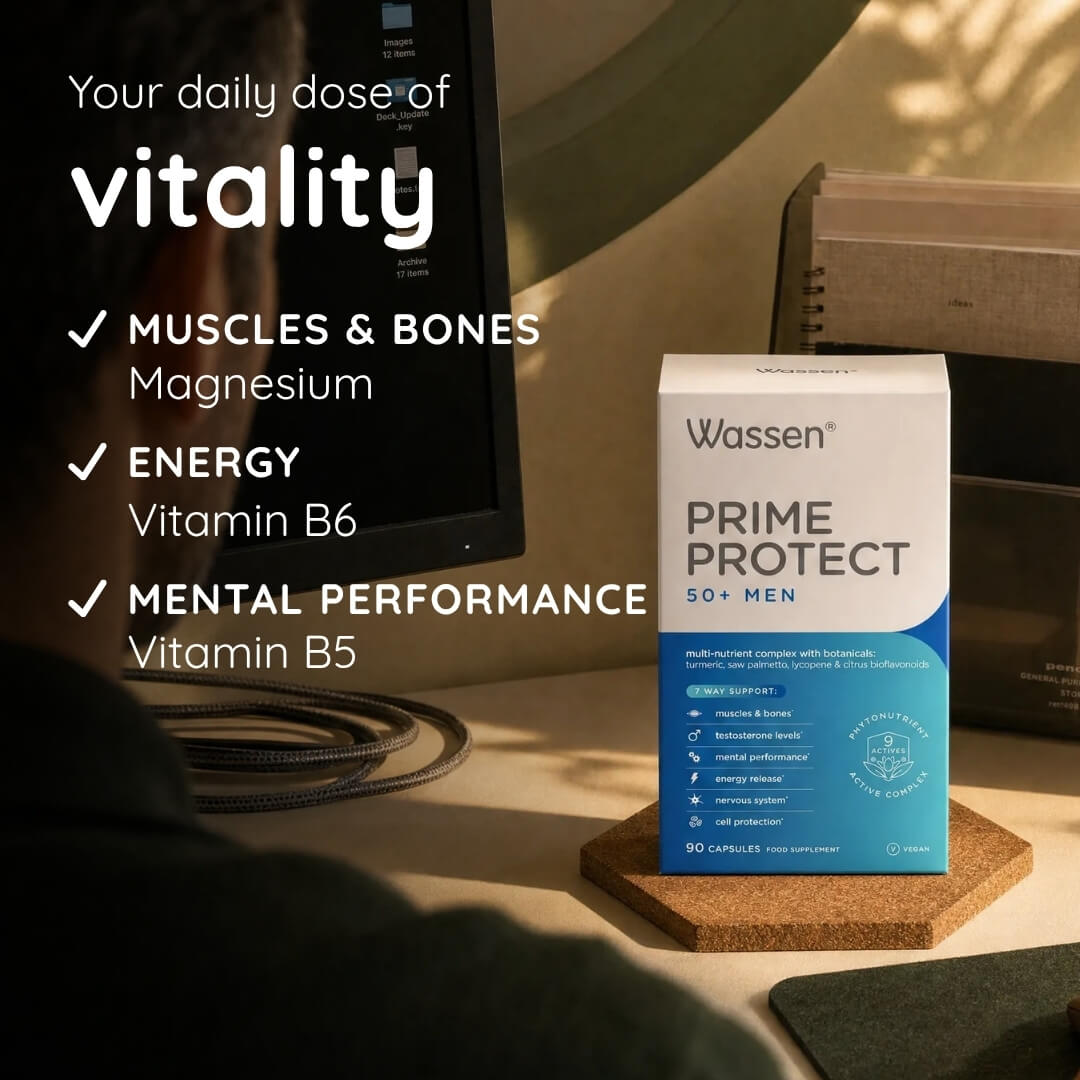 Wassen Prime Protect 50+ Men supplement box displayed on a wooden coaster on a desk, with a blurred computer monitor and office items in the background. Text on the left highlights benefits: muscles and bones, energy, and mental performance.