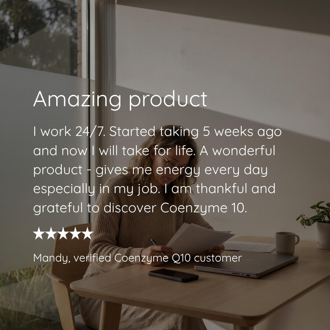 A woman sits at a wooden desk in a softly lit room, writing in a notebook with a laptop and phone nearby. Large overlaid text reads, 'Amazing product' followed by a customer testimonial, with a five-star rating and the name Mandy, verified Coenzyme Q10 customer.