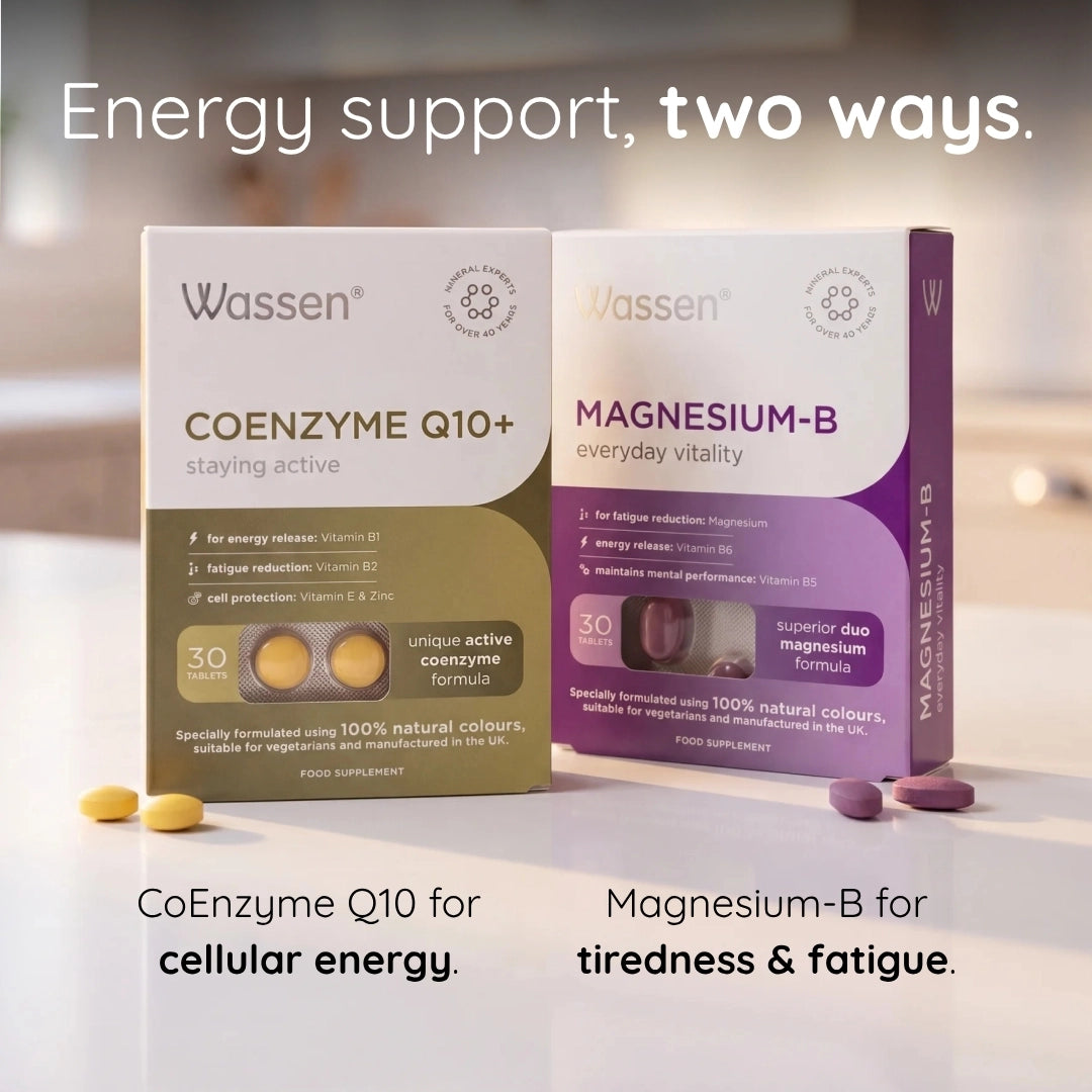 Two Wassen supplement boxes, CoEnzyme Q10+ and Magnesium-B, on a blurred background.