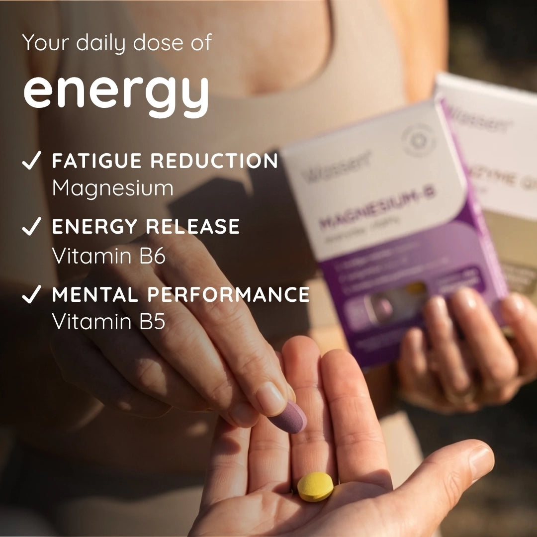 Person holding a yellow supplement pill with text about energy benefits and product packaging.