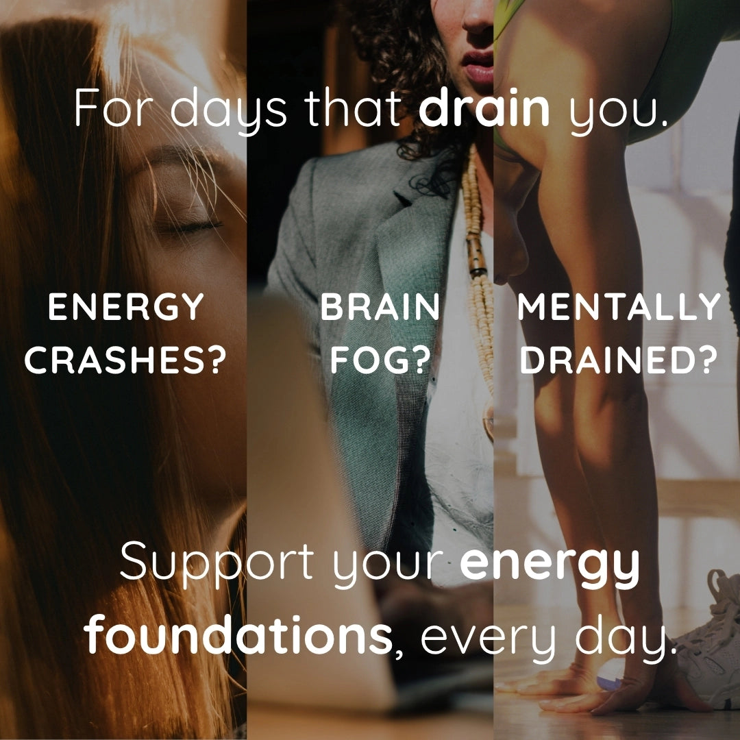 Collage of people with text about energy crashes, brain fog, and mental fatigue.