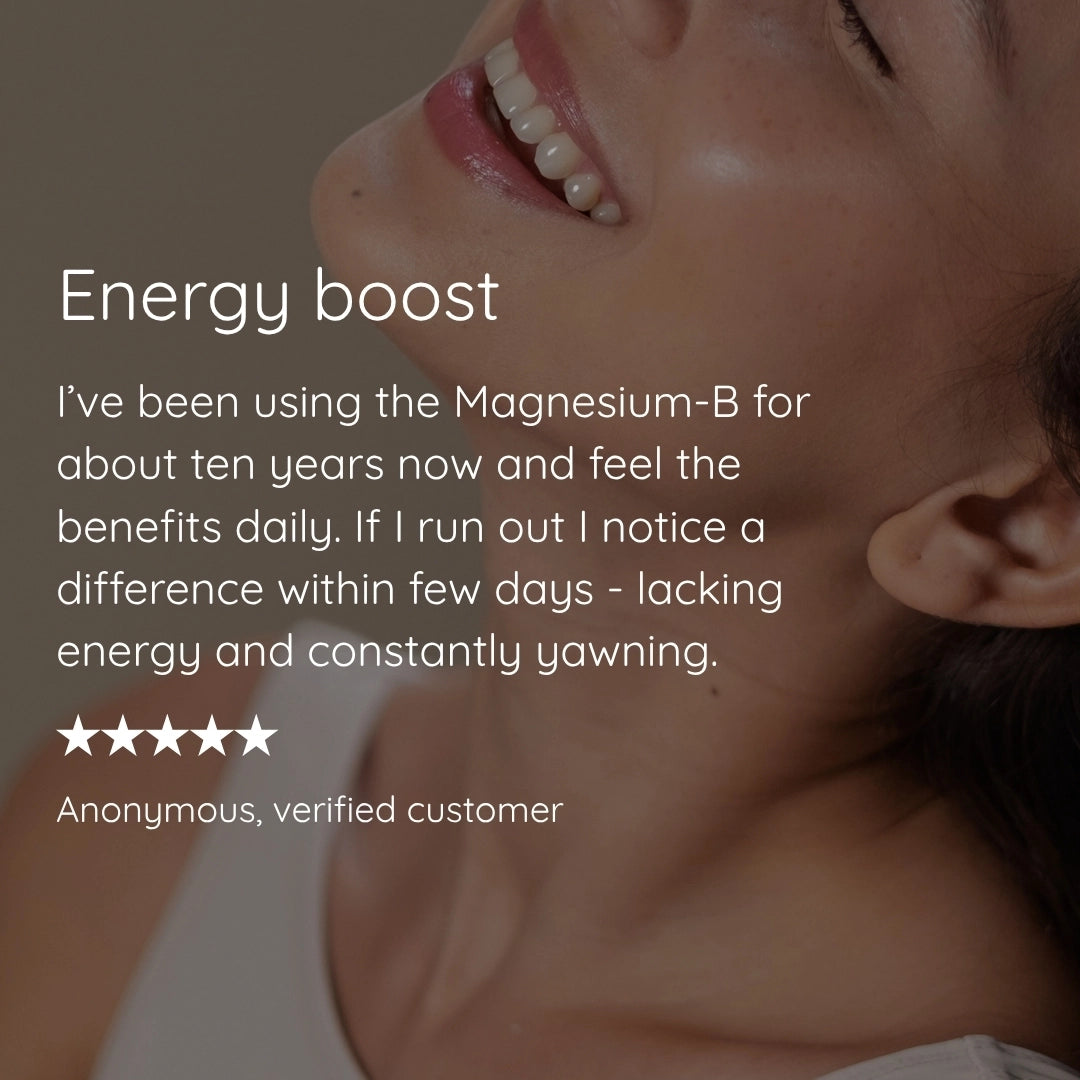 Close-up of a person's face with text about using Magnesium-B supplement for energy boost.