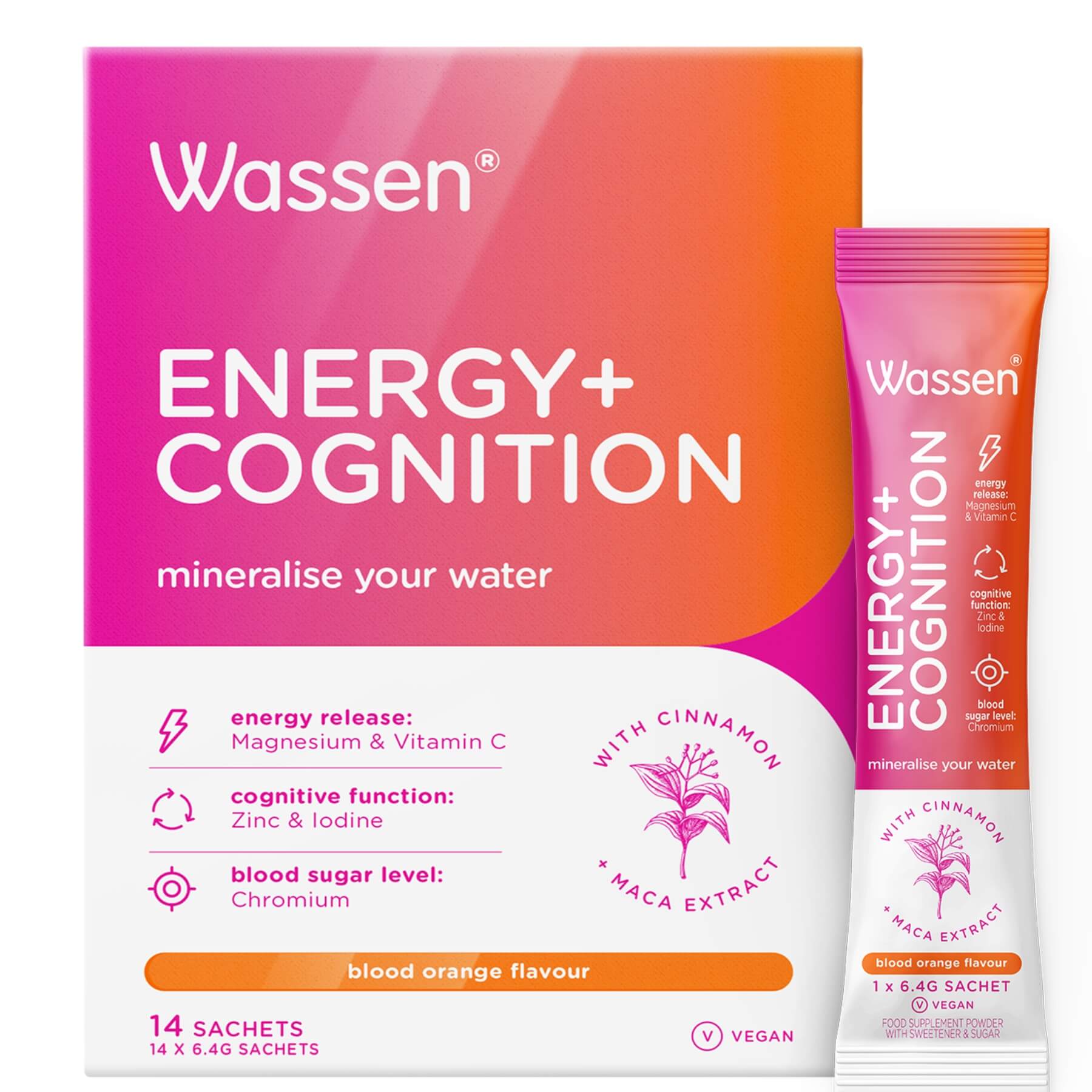 Wassen Energy + Cognition drinkable electrolyte supplement for energy and focus, white background