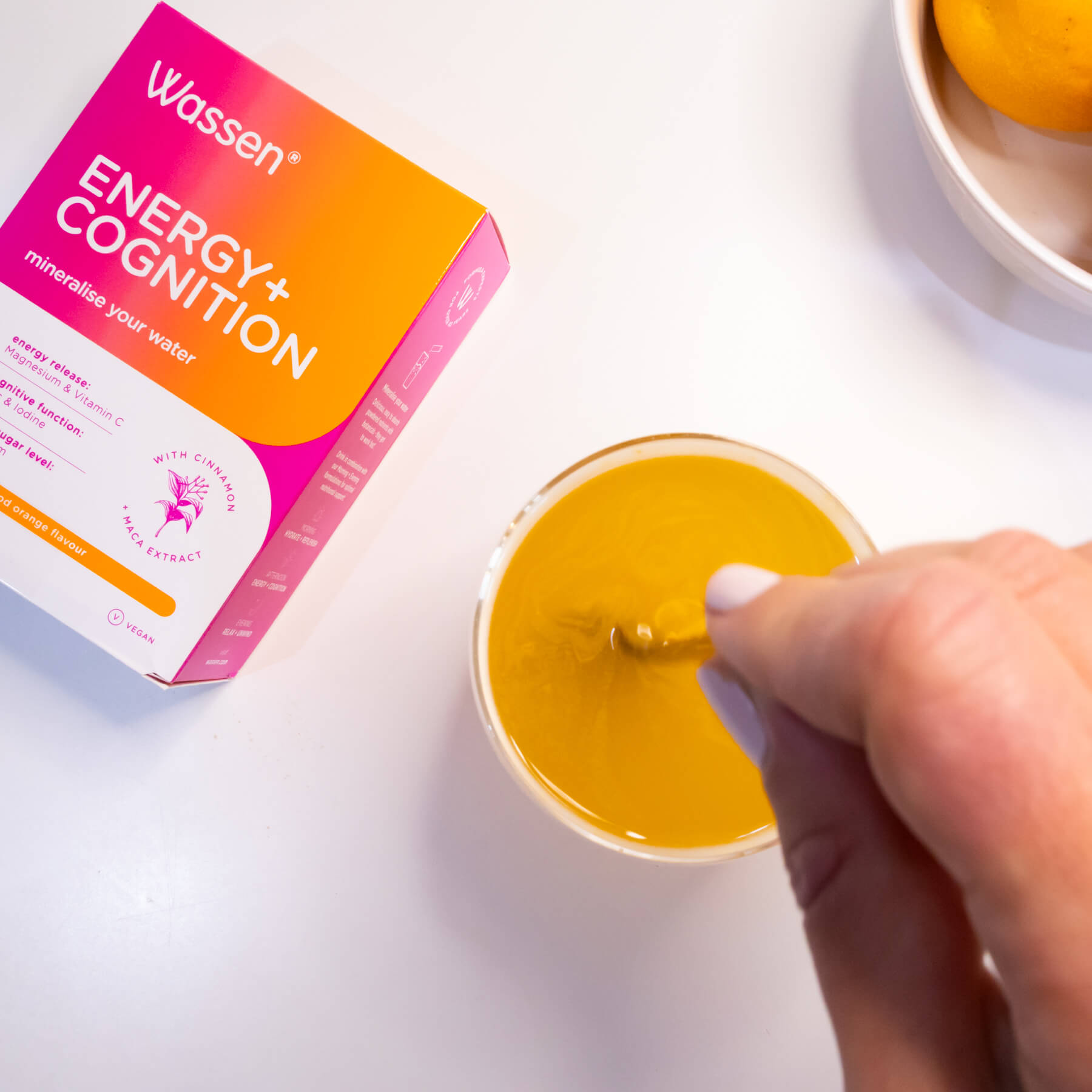 Wassen Energy + Cognition drinkable electrolyte supplement for energy and focus, drink made up