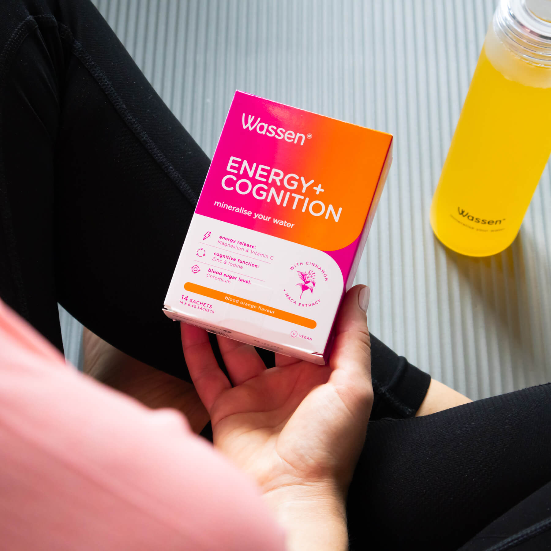 Wassen Energy + Cognition drinkable electrolyte supplement for energy and focus, in the gym