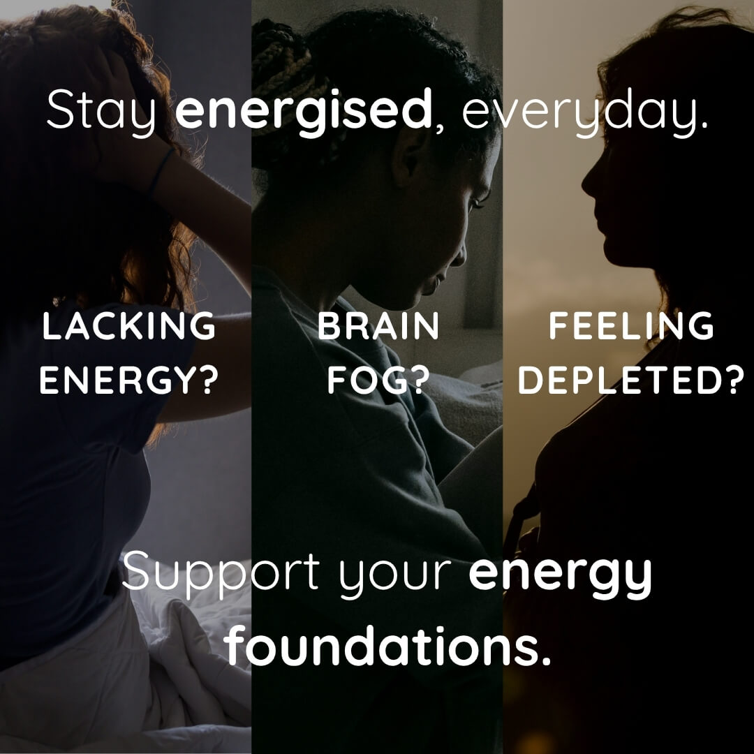 A three-panel promotional graphic with silhouetted women and white text reading 'Stay energised, everyday.' at the top and 'Support your energy foundations.