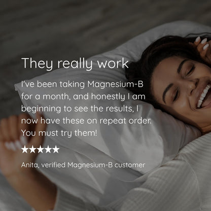 A smiling woman lies on a bed with her eyes closed, overlaid with a testimonial quote reading 'They really work' and a five-star rating, for a Magnesium-B product.
