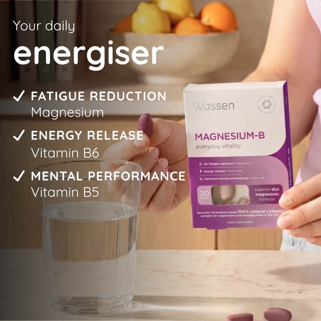 A person holds a box of Wassen Magnesium-B everyday vitality next to a glass of water, with promotional text on the left highlighting benefits like fatigue reduction, energy release, and mental performance.