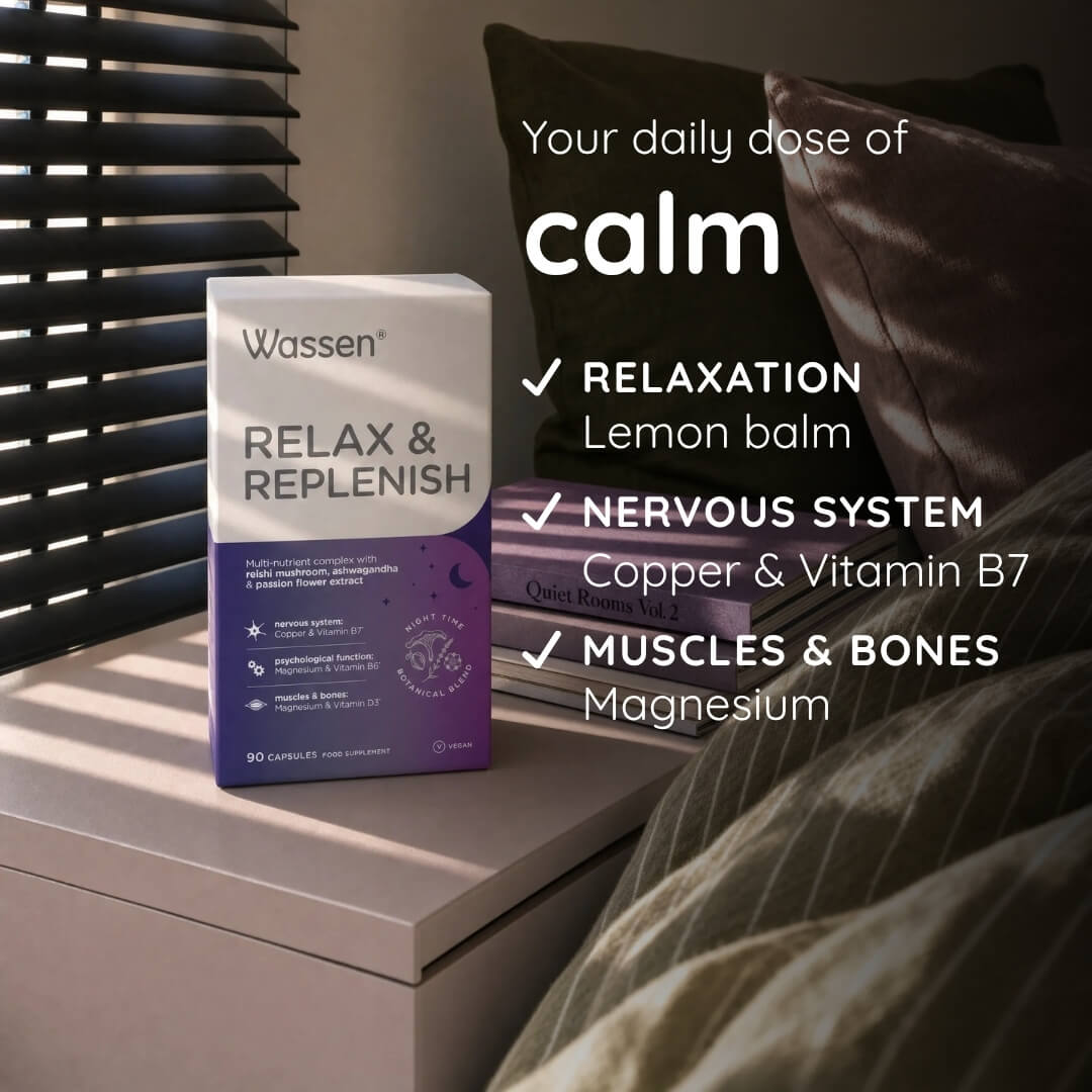Wassen Relax & Replenish supplement box displayed on a bedside table in a bedroom setting, with text overlays highlighting its benefits for relaxation, nervous system, and muscles and bones.