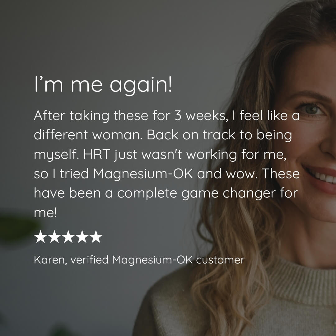 A testimonial-style graphic with a smiling woman on the right and large white text on the left reading, “I’m me again! After taking these for 3 weeks, I feel like a different woman. Back on track to being myself.