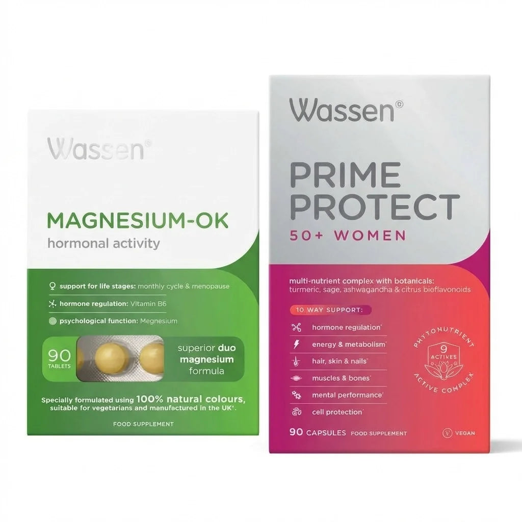 Wassen Menopause Energy and Balance Bundle featuring Magnesium-OK and Prime Protect 50+ Women supplements