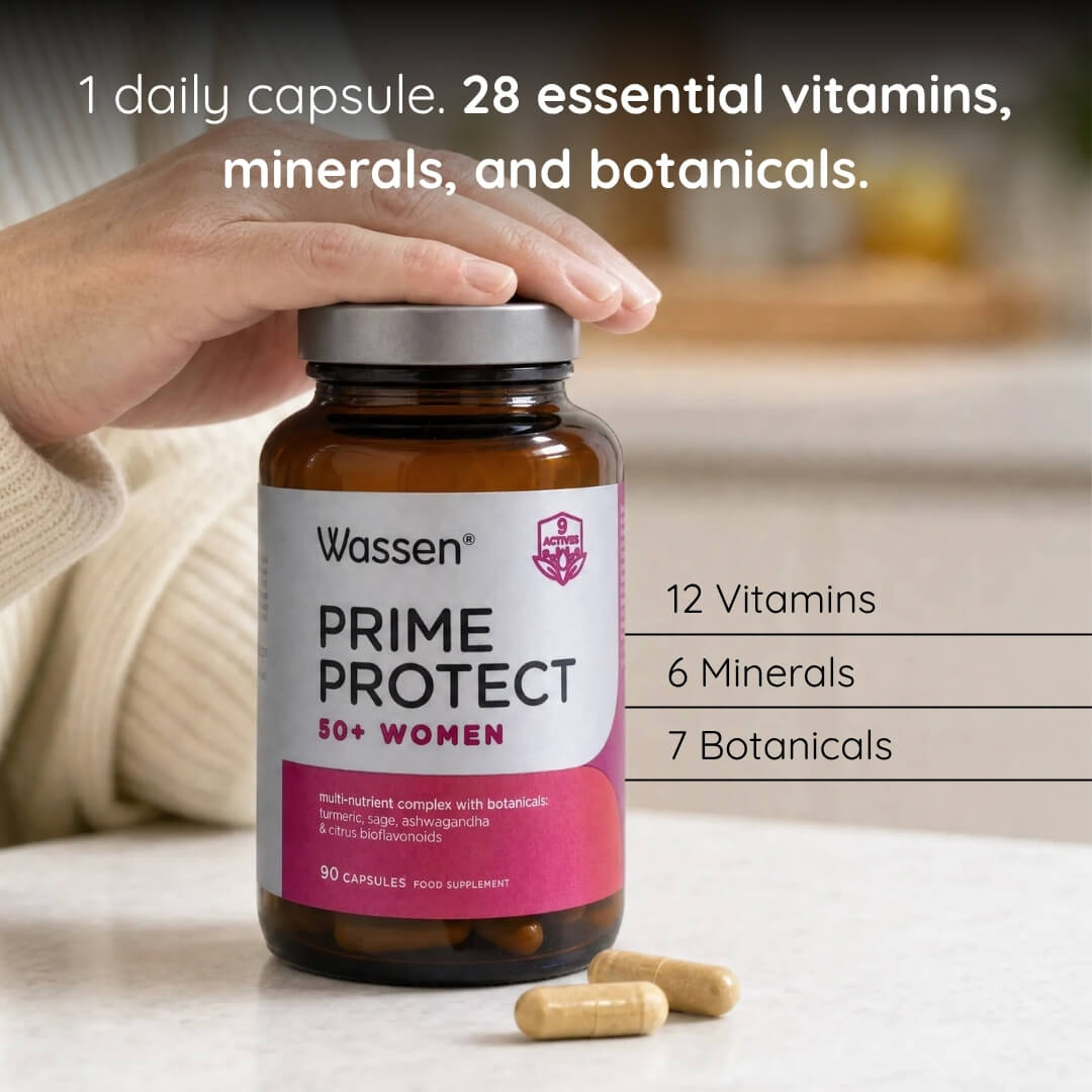 A hand holds a bottle of Wassen Prime Protect 50+ Women supplements on a light countertop, with capsules placed in front. Text on the image highlights one daily capsule, 28 essential vitamins, minerals, and botanicals, plus breakdown stats of 12 vitamins, 6 minerals, and 7 botanicals.