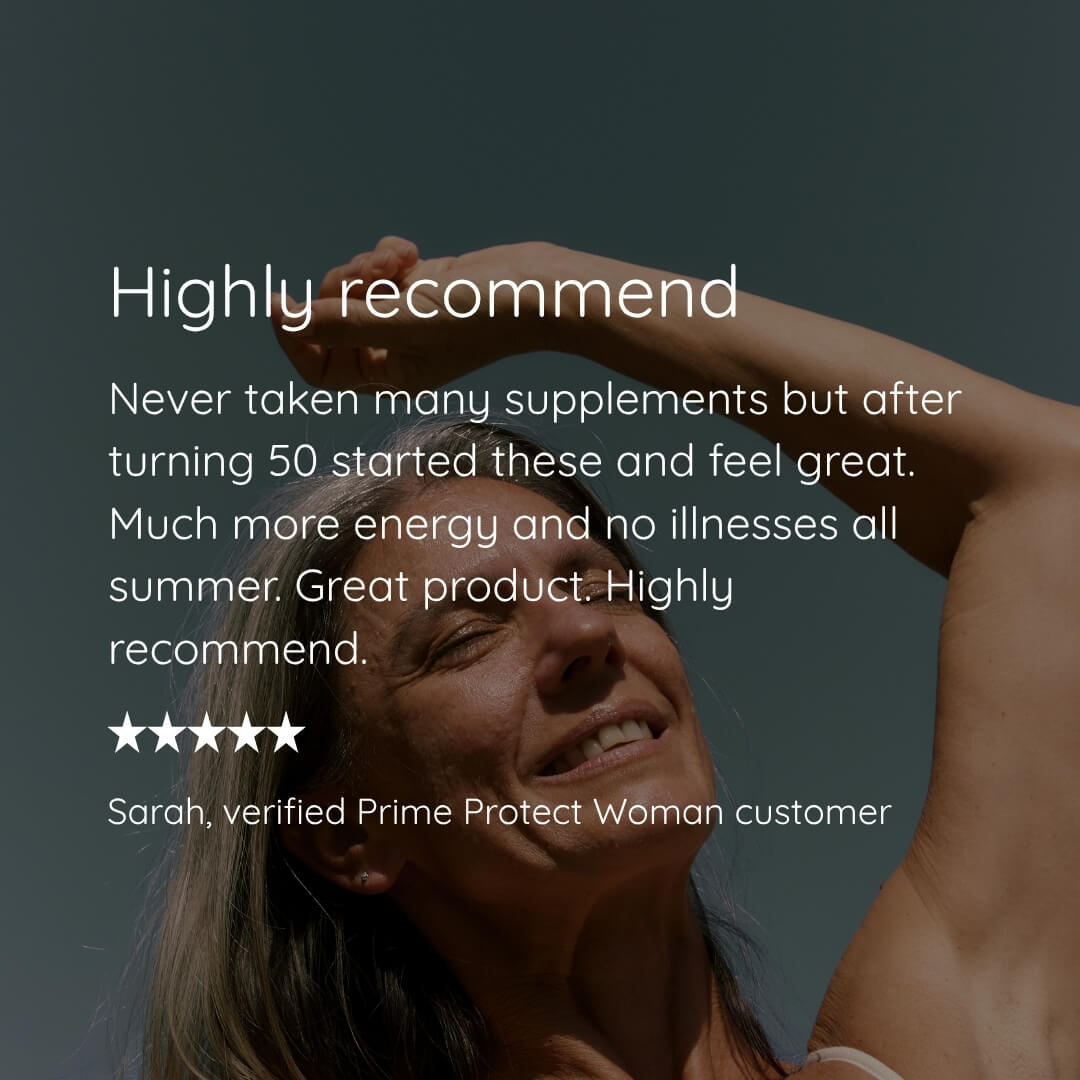 A promotional graphic with a smiling woman in the background and large white text reading 'Highly recommend' followed by a testimonial quote and a five-star rating. The text also says 'Sarah, verified Prime Protect Woman customer.