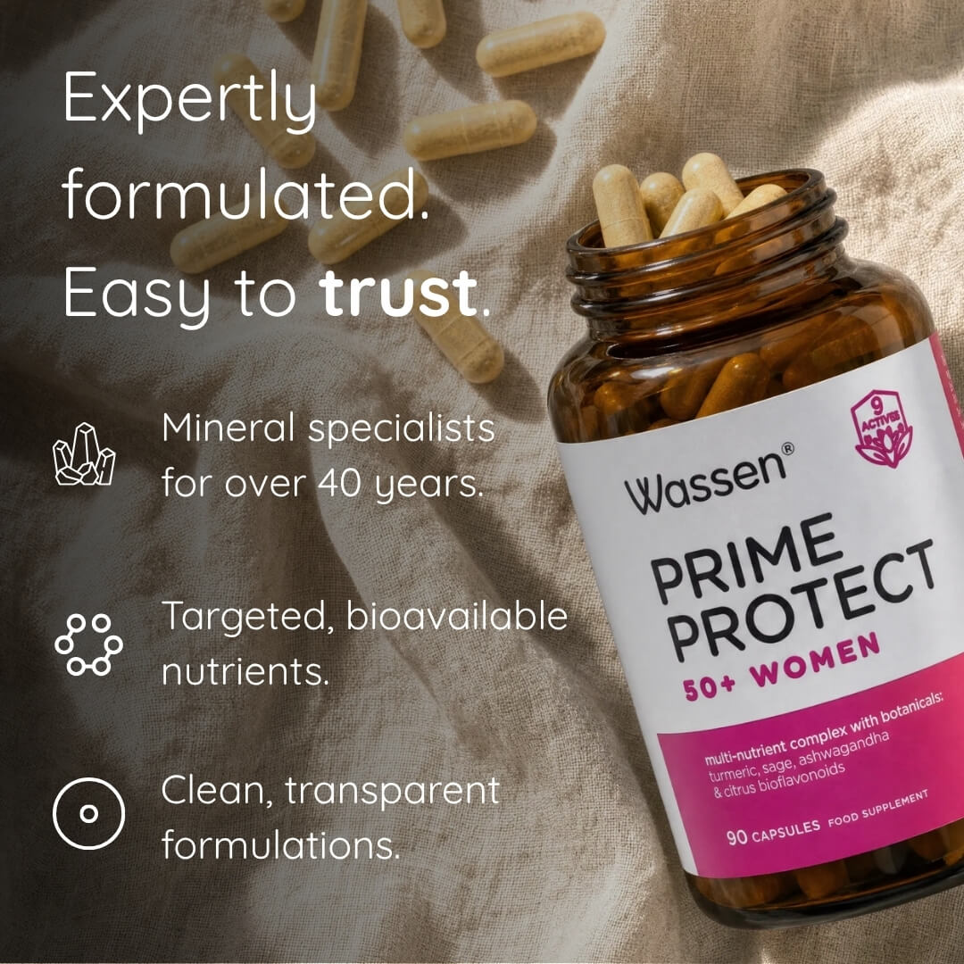 Wassen Prime Protect 50+ Women food supplement bottle with capsules spilling out, set on a textured beige fabric background with promotional text on the left.