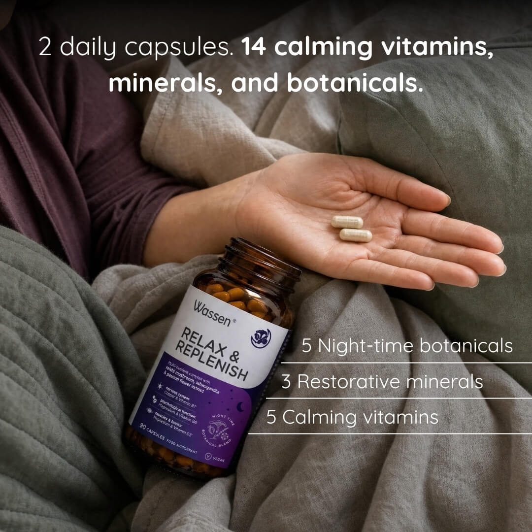 A person lying in a bed or couch, holding a bottle of Wassen Relax & Replenish supplements and placing two capsules in their hand. White text overlays describe the product's ingredients and benefits.