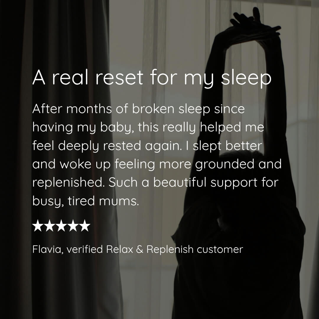 A dark promotional graphic with a silhouette of a person stretching above a bed in a dim bedroom. White text reads: 'A real reset for my sleep' followed by a testimonial about improved sleep, and 'Flavia, verified Relax & Replenish customer' with five stars.