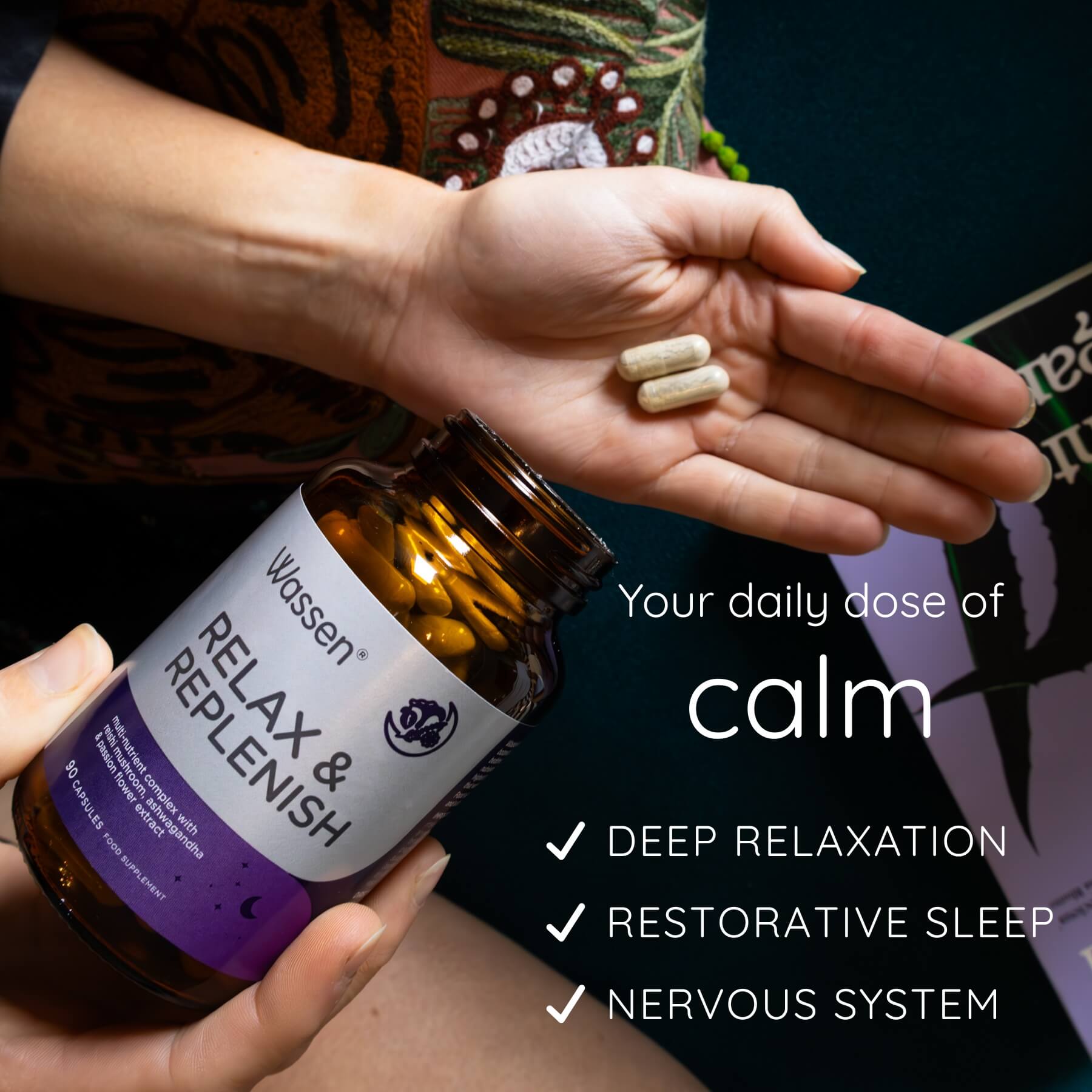 Wassen Relax & Replenish sleep supplement capsules in hand - your daily dose of calm