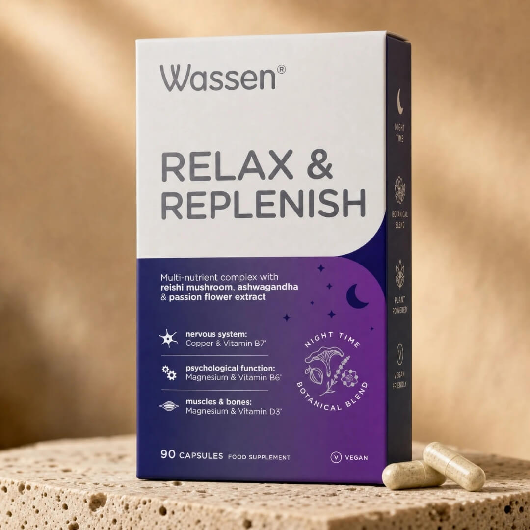 Wassen Relax & Replenish food supplement box in white and purple packaging, shown on a textured stone surface with two capsules in front against a warm beige background.