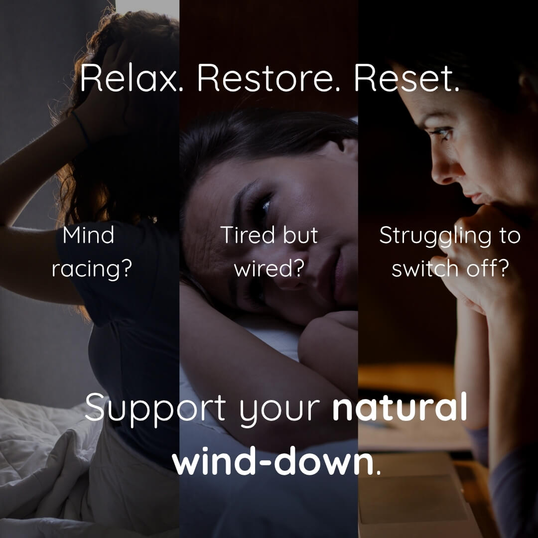 A three-panel marketing graphic with the headline 'Relax. Restore.