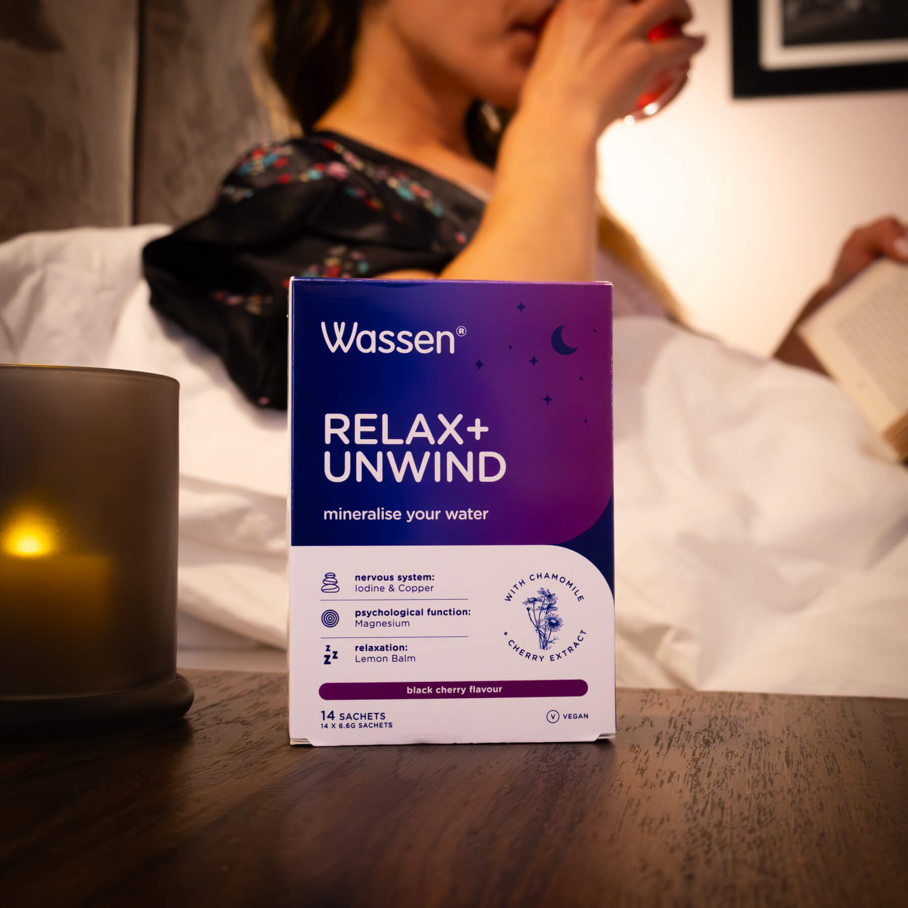 Wassen Relax + Unwind drinkable electrolyte supplement for bedtime, in bedroom