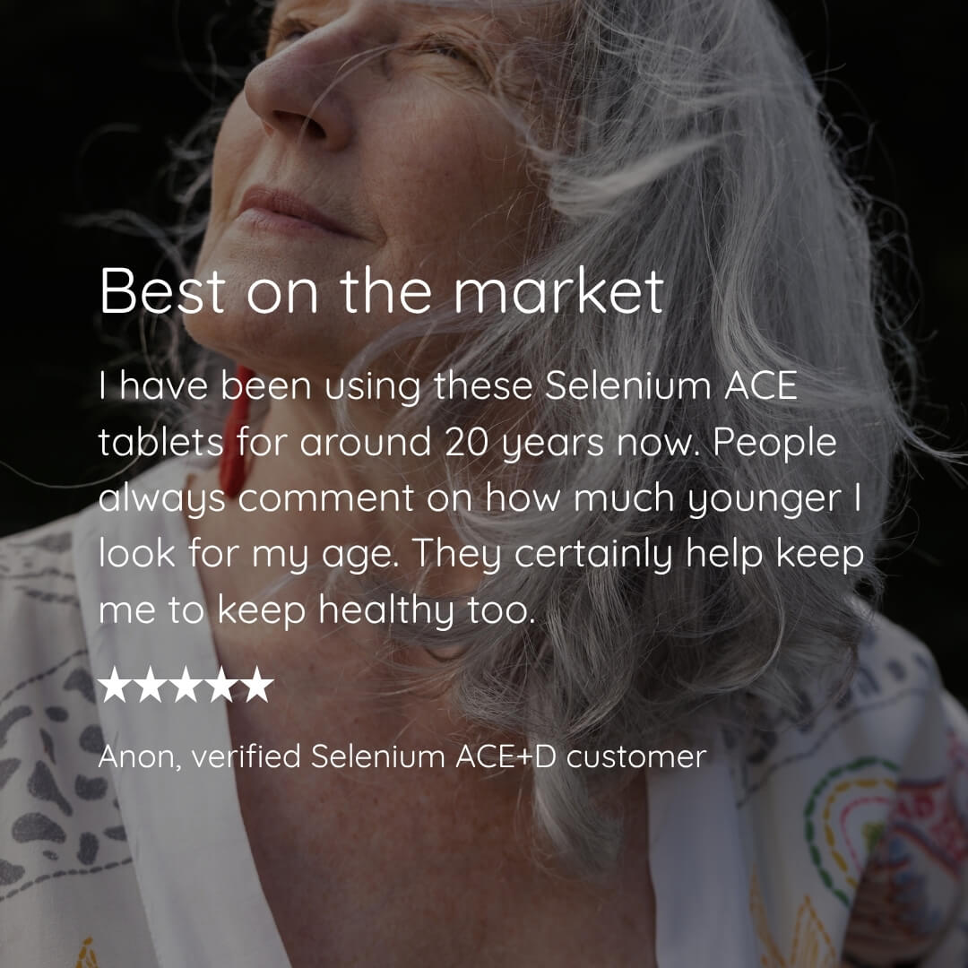 A close-up photo of an older woman with gray hair wearing a white patterned top, with overlaid text reading 'Best on the market' and a customer testimonial about Selenium ACE tablets.